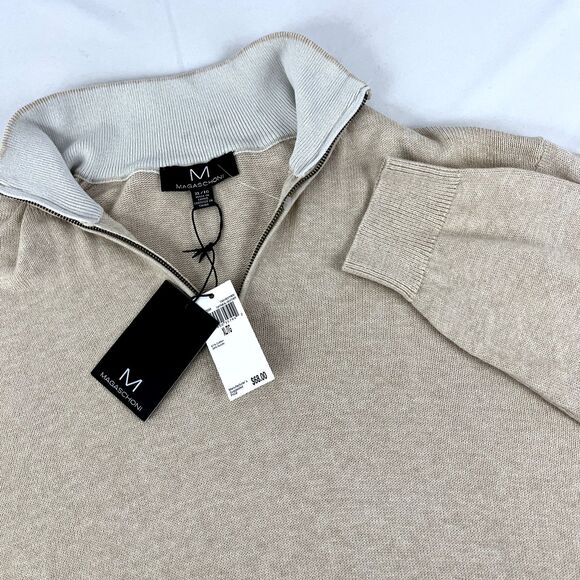New Mens Magaschoni 1/4 Zip Pullover Sweater Size XL NWT Cotton Acrylic Tan - Picture 2 of 7
